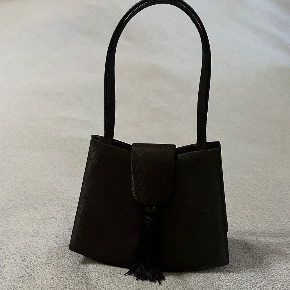 Black Satin Evening Clutch with Tassel Handle